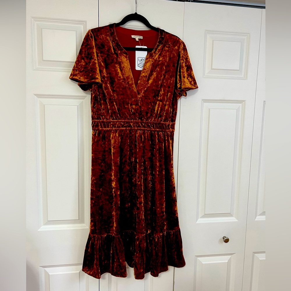 Women’s Crushed Velvet Smock Dress - Rust